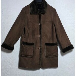 Vintage Brown Faux Suede Faux Fur Trim Car Coat Jacket GB 10 Medium